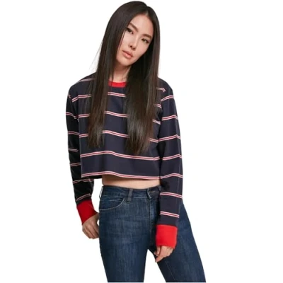 Image of Urban Classics Women&#039;s Ladies Short Yarn Dyed Skate Stripe Ls Long Sleeve Top, Blue (Midnight/Red 02052), X Small