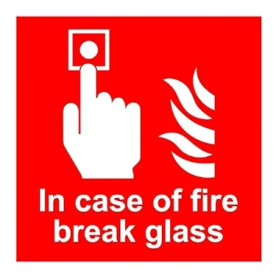 Image of In case of fire break glass safety sign Self adhesive sticker (100mm x 100mm)
