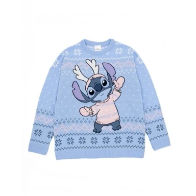 Image of Disney Lilo &amp; Stitch Womens Christmas Jumper in Blue Warm Graphic Knitted Sweater for Adults Festive Holiday Long Sleeve Knitwear Top Fun Pullover Knit Unique Movie Merchandise Gift Her