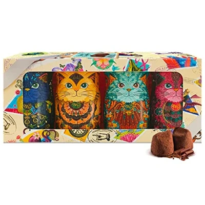 Image of Monty Bojangles Cocoa Dusted Truffles Kit Tins (4 x Mini Cat Filled With Luxury Chocolatey Truffles) 4 Delicious Flavours Choccy Scoffy, Flutter Scotch, Nibs Night, Coconut Crush