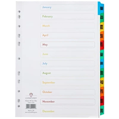 Image of Concord 02401/CS24 Index Multicolour tabbed Mylar Reinforced 4 Holes Jan Dec A4 White Ref CS24