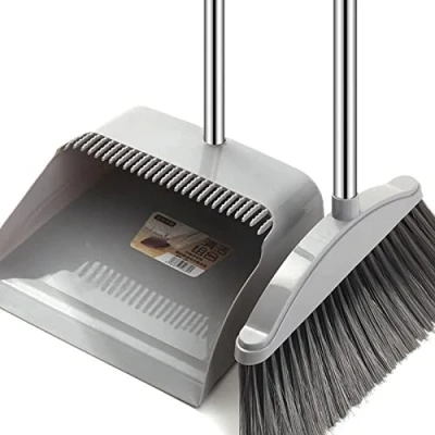 Image of Gusengo Long Handled Dustpan And Brush, Brush Set, Sweeping With Upright Dustpan, Broom Combo For Indoor Outdoor Cleaning, Grey