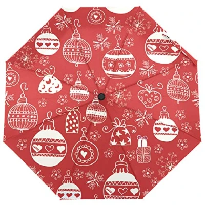 Image of ISAOA Automatic Travel Folding Umbrella,Red Christmas Pattern Lightweight Compact Windproof Umbrella