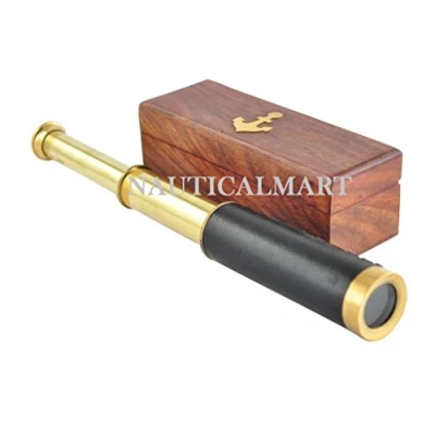 Image of Nautical Replica Hub Antique marine brass pocket telescope 12&quot; with wooden box