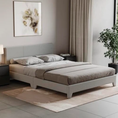 Image of Vida Designs Victoria Bed, Bed Frame Upholstered Fabric Headboard Bedroom Furniture (King size (5 Foot), Light Grey Linen)