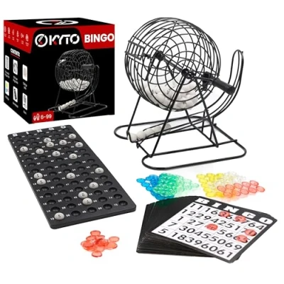 Image of bingo game metal drum 18 tickets 75 balls 150 chips board + 500 cards black adults children