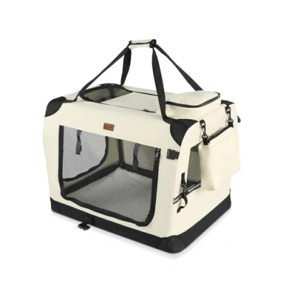 Image of VOUNOT Pet Carrier Bag Portable Foldable Dog Cat Travel Bag, 3 Entry Doors, Breathable Mesh and Padded Handles, S Beige