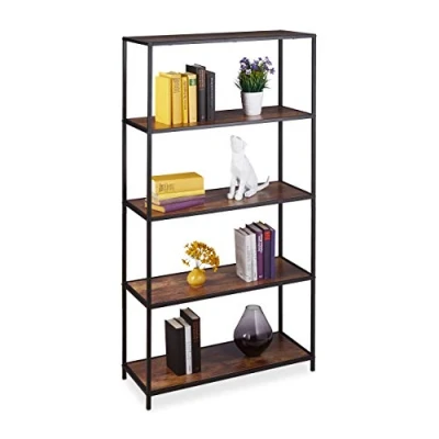 Image of Relaxdays Bookcase Vintage, 5 Shelves, Industrial, Office &amp; Home, Freestanding Shelf Unit, 150x77x33 cm, Wood Look/Black