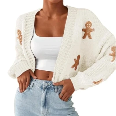 Image of Gingerbread Sweater, Sweater Women, Cardigan, Women&#039;s Christmas Open Front Cropped Sweaters(Apricot,M)