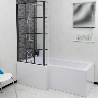 Image of Ceramica L Shaped Bath, Black Grid Shower Screen &amp; Bath Panels 1600mm Left Hand