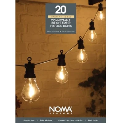 Image of Noma 20 Connectable LED Festoon Bulb Lights (Pack of 1), Black/Clear