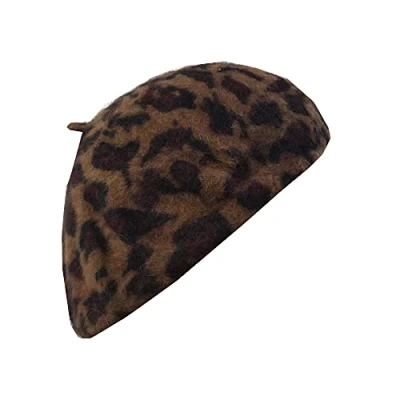 Image of YAKEFJ Women’s French Style Vintage Leopard Print Wool Soft Winter Warm Beret Beanie Hat Coffee