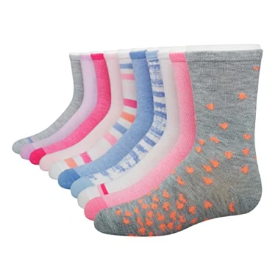 Image of Hanes girls Ultimate Fashion Crew Socks Pack, Lightweight Stretch Socks, Assorted 10 pair Small, Pink/Grey/Blue/Lavender, S