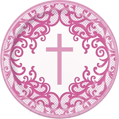 Image of Fancy Pink Cross Round Dinner Plates (22cm) Elegant &amp; Unique Disposable Tableware Perfect for Parties, Celebrations, and Special Occasions 8ct