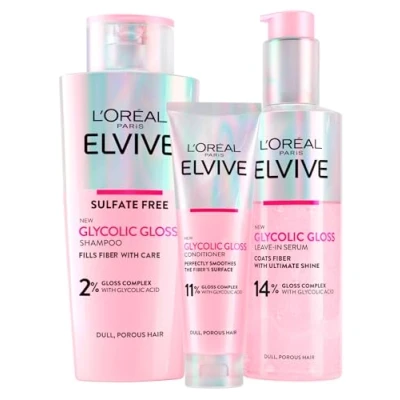 Image of L&#039;Oréal Paris Elvive Glycolic Gloss Conditioner 150ml + Shampoo 200ml Leave In Serum Set for Dull and Porous Hair Intense Long Lasting Shine 3 Bottles
