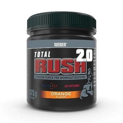 Image of Weider Total Rush 2.0 (375g) Orange Flavour. All in one Fusion Force Pre Workout Booster, with Creatine, Amino Acids, Caffeine, Inca Wheat Extract, Vitamins and Minerals; Oxystorm Glutapep