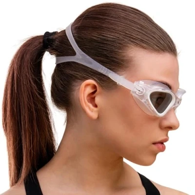 Image of AqtivAqua Swimming Goggles Adult and Kids 6 14 Men Women Swim Childrens Boys Girls Polarized DX P (Transparent White, Silver case, Polarised lens)