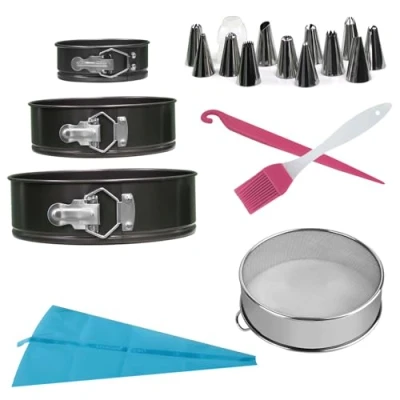 Image of Crystals 20Pcs Round Cake Tins for Baking Set Includes 3 x Mould Tin 4&quot; 7&quot; 9&quot;, 1 Flour Sieve, 12 Piping Nozzles, Oil Brush, Knife, Bag Loose Bottom