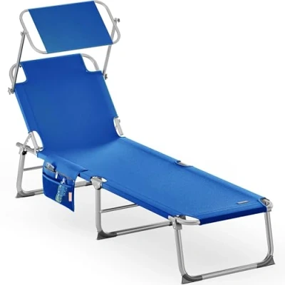 Image of CASARIA® Ibiza Folding Sun Lounger with Adjustable Canopy Weatherproof Aluminium Frame Carrying Handle 190x59x29cm 150kg Capacity Garden Beach Shade Bed Compact Blue