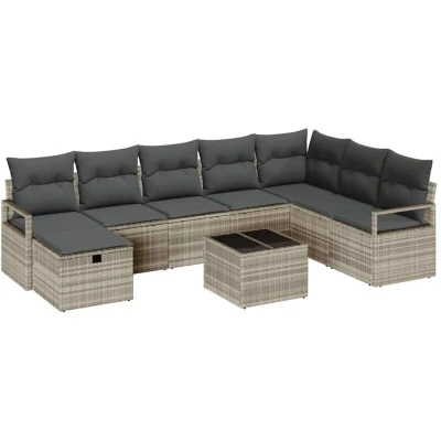 Image of vidaXL 9 Piece Garden Sofa Set with Cushions Light Grey Poly Rattan