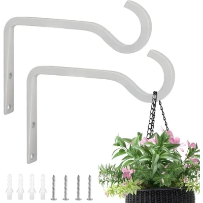 Image of DSLIHA 2 Pack Wall Hanging Basket Bracket, Metal Garden Brackets Plant Hook Holder for Lawn Light Flower Pots Bird Feeders Plants Lanterns Wind Chimes (White)