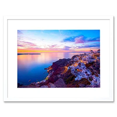 Image of Wee Blue Coo Photo Landscape Seascape Santorini Greece Sunset Picture Framed Wall Art Print