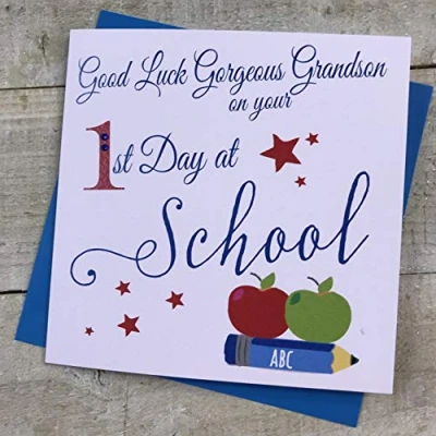 Image of Good Luck Gorgeous Grandson on your 1st Day at School Apples Hand finished card by WHITE COTTON CARDS SP110 GS AP