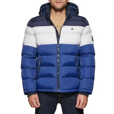 Image of Tommy Hilfiger Men&#039;s Hooded Puffer Jacket, Midnight/Ice/Royal Blue, M
