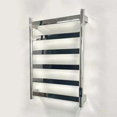 Image of Manissa FALA Electric Stainless Steel Flat Tube Towel Rail 700mm High With Timer Mirror Polished Finish Energy Efficient (500mm x Steel)
