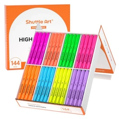Image of Shuttle Art 144 Pack Highlighters, Highlighters Assorted Colours, 8 Colours Chisel Tip Dry Quickly Non Toxic Highlighter Markers Pens for Adults Kids Highlighting in the Home School Office