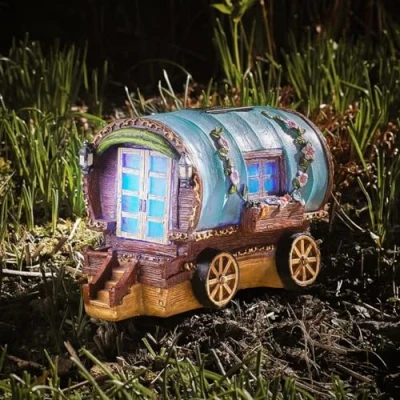 Image of Garden Mile® Solar Light Up Fairy House Outdoor Lights Toadstool Gnome Tree With LED Enchanting Home Or Ornaments. (Gypsy Caravan)