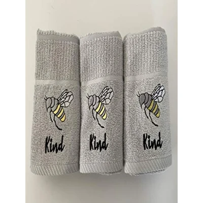 Image of 100% Cotton 3 Pack &#039;Bee Kind&#039; Bee Design Kitchen Hand Tea Towels in Light Grey