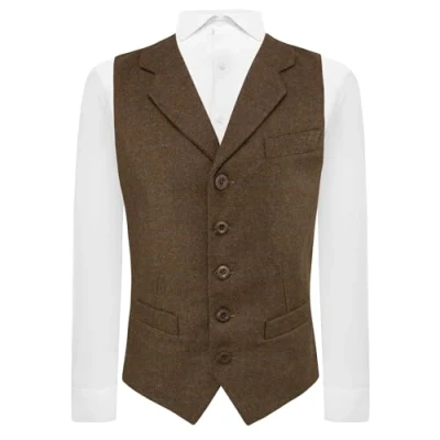 Image of King &amp; Priory Cedar Brown Heritage Check Waistcoat with Lapel XL