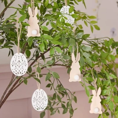 Image of Lights4fun Set of 6 Wooden Easter Bunny and Egg Ornaments Twig Tree Hanging Decorations