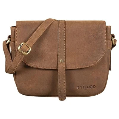 Image of STILORD &#039;Kira&#039; Handbag leather small women satchel shoulder bag vintage crossbody messenger for evening and party in genuine leather, Colour:tan dark brown