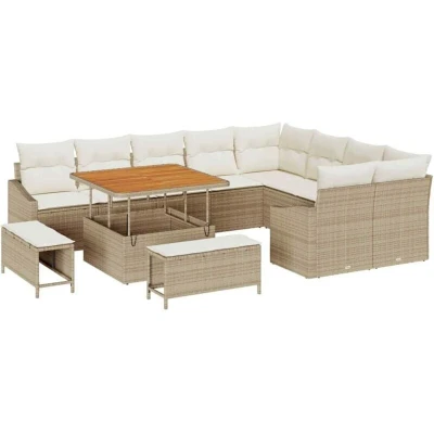 Image of 12 Piece Garden Sofa Set with Cushions Beige Poly Rattan Acacia vidaXL