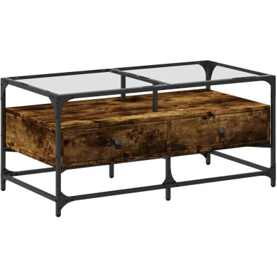 Image of vidaXL Coffee Table with Glass Top Smoked Oak 98.5x50x45 cm Steel