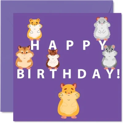 Image of Fun Birthday Cards for Women Men Cartoon Hampster Happy Card Brother Sister Son Daughter Mum Dad Auntie Uncle, 145mm x Animal Bday Greeting