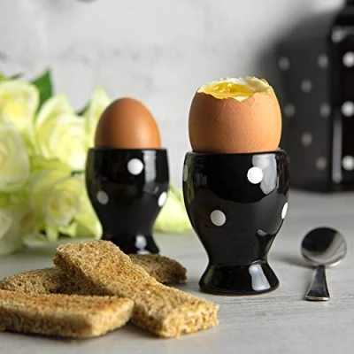 Image of City to Cottage Ceramic Egg Cup Holder set of 2, Soft Boiled Cups, Hard Eggs Stand Holders, Breakfast Cooking Kitchen Serving Cup, Handcrafted Cups (Black and White Polka Dot)