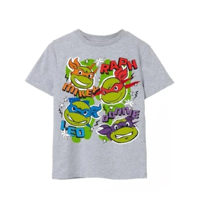 Image of Teenage Mutant Ninja Turtles Kids T Shirt Grey TMNT Graphic Tee for Boys &amp; Girls Short Sleeve Cartoon Apparel Raphael, Mikey, Leo Donatello Retro Tshirt Movie Gift Children Teens