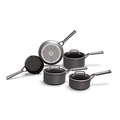Image of Ninja ZEROSTICK Premium 5 Piece Pan Set, Long Lasting Non Stick, 3x Saucepans with Glass Lids, 1x Milk Pan, Frying Hard Anodised Aluminium, Induction Compatible, Grey C35000UK