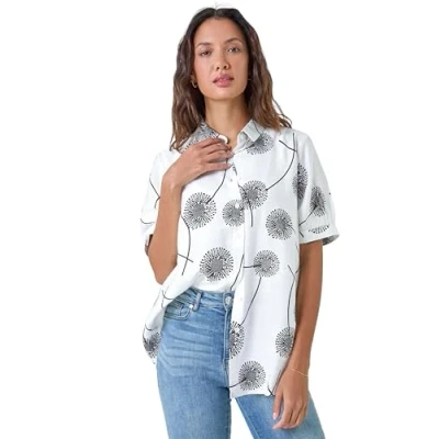 Image of Roman Womens Cotton Blend Dandelion Print Shirt Ivory Size 16 UK