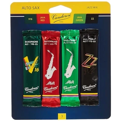 Image of Vandoren SRMIXA3 Alto Sax Jazz Reed Mix Card includes 1 each ZZ, V16, JAVA and Red Strength 3