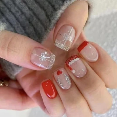 Image of Celebrate Christmas With 24 Elegant Press On Nails Short Square False Silver Glittering Bows Designs