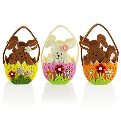 Image of com four® 3x cute felt bags basket in the shape of an Easter bunny to fill and give away (3 pocket 17x13cm)