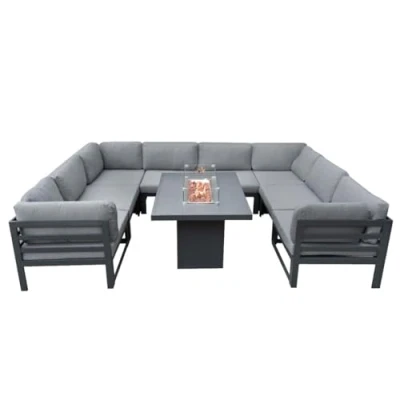 Image of Modular Garden Furniture Set Large Grey 8 Seater U Shape Cushioned Sofa &amp; Table With Gas Fire Pit 9 Piece Aluminium Lounge Seating Dining Outdoor Patio Conversion Corner FREE Waterproof Rain Cover