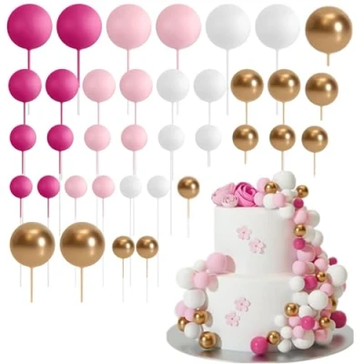 Image of 36PCS Ball Cake Toppers Mini Balloon Decorations Foam Picks Shaped Cupcake DIY Insert for Wedding Birthday Party (Rose Red)