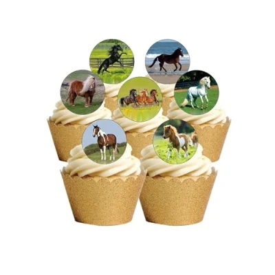 Image of 24 PRECUT Horse and Pony Edible Wafer Paper Round Cake Toppers Decorations