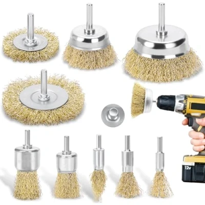 Image of DazSpirit 9 pcs Wire Brushes for Drills Set, Brass Coated Brush Wheel &amp; Cup Set with 1/4 Inch Shank Kit Rust Removal, Stripping, and Abrasive Drill Attachment