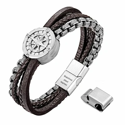 Image of murtoo Bracelets for Men Brown Leather Mens Bracelet Silver Chain Magnetic Clasp Gift Him Viking (Brown Chain, 9&#039;&#039;)